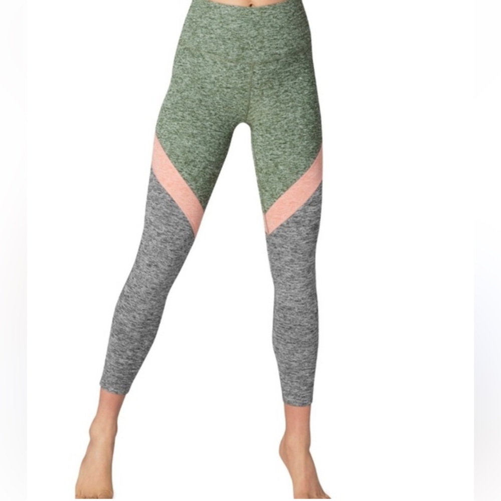 BEYOND YOGA Spacedye Tri-Panel Green, Pink & Heathered Grey High Rise Leggings